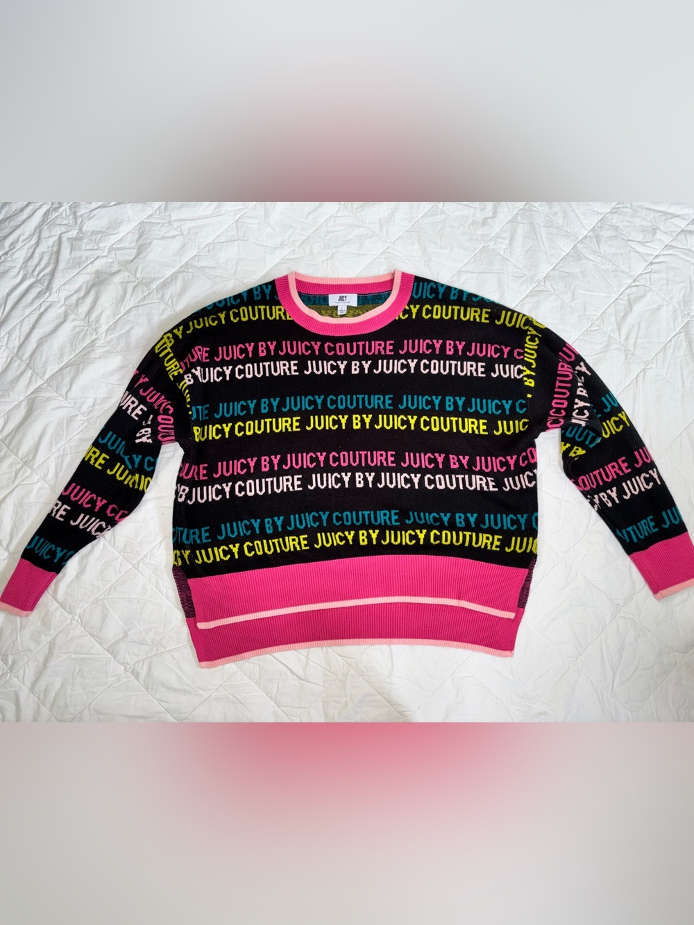 Juicy Couture Black Sweater with Pink, Yellow & Blue Logo Stripes